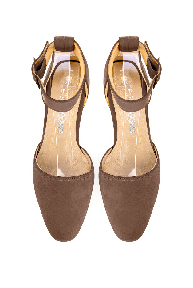 Dress heels closed-back ankle strap in chocolate brown leather with kitten heels and round toe - Top view